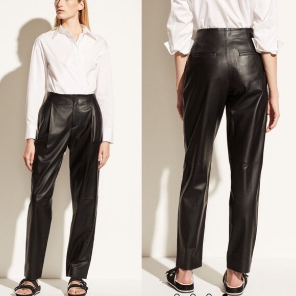 VINCE Leather Trousers Black Pleat Front Pants - Picture 2 of 12